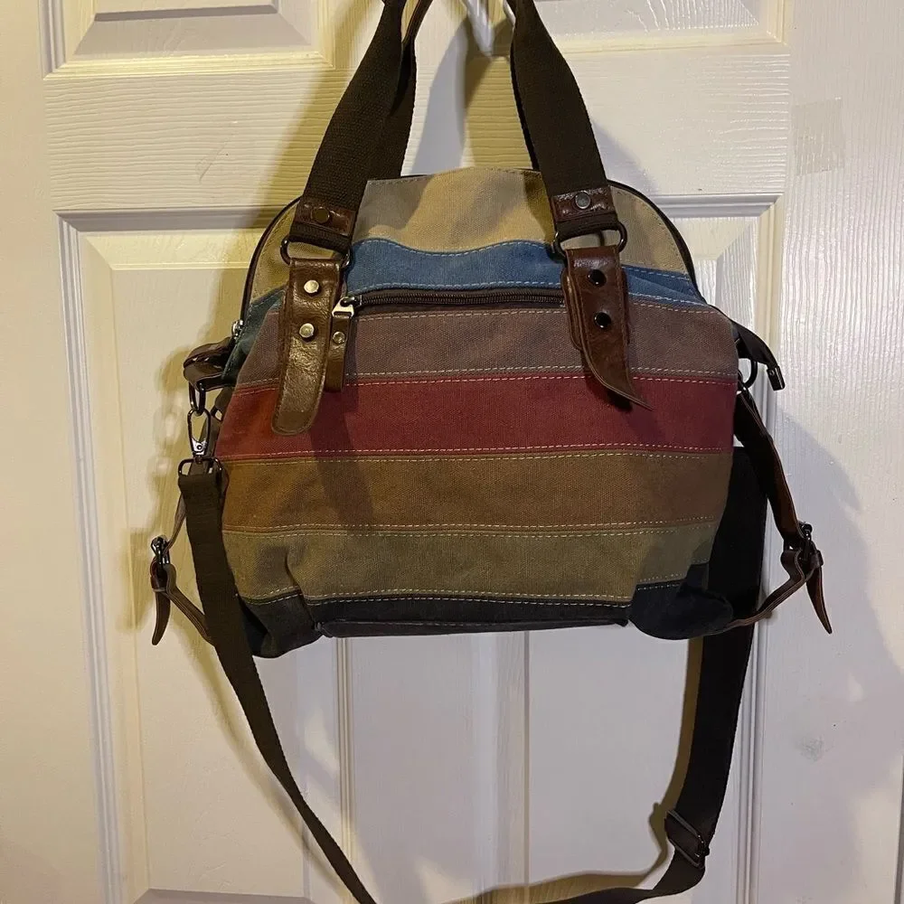 SUNSHINEJING Striped Canvas Tote Crossbody Strap Double Handles